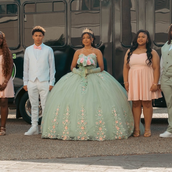 Sage Green Quinceañera Dress With Train - Picture 7 of 9